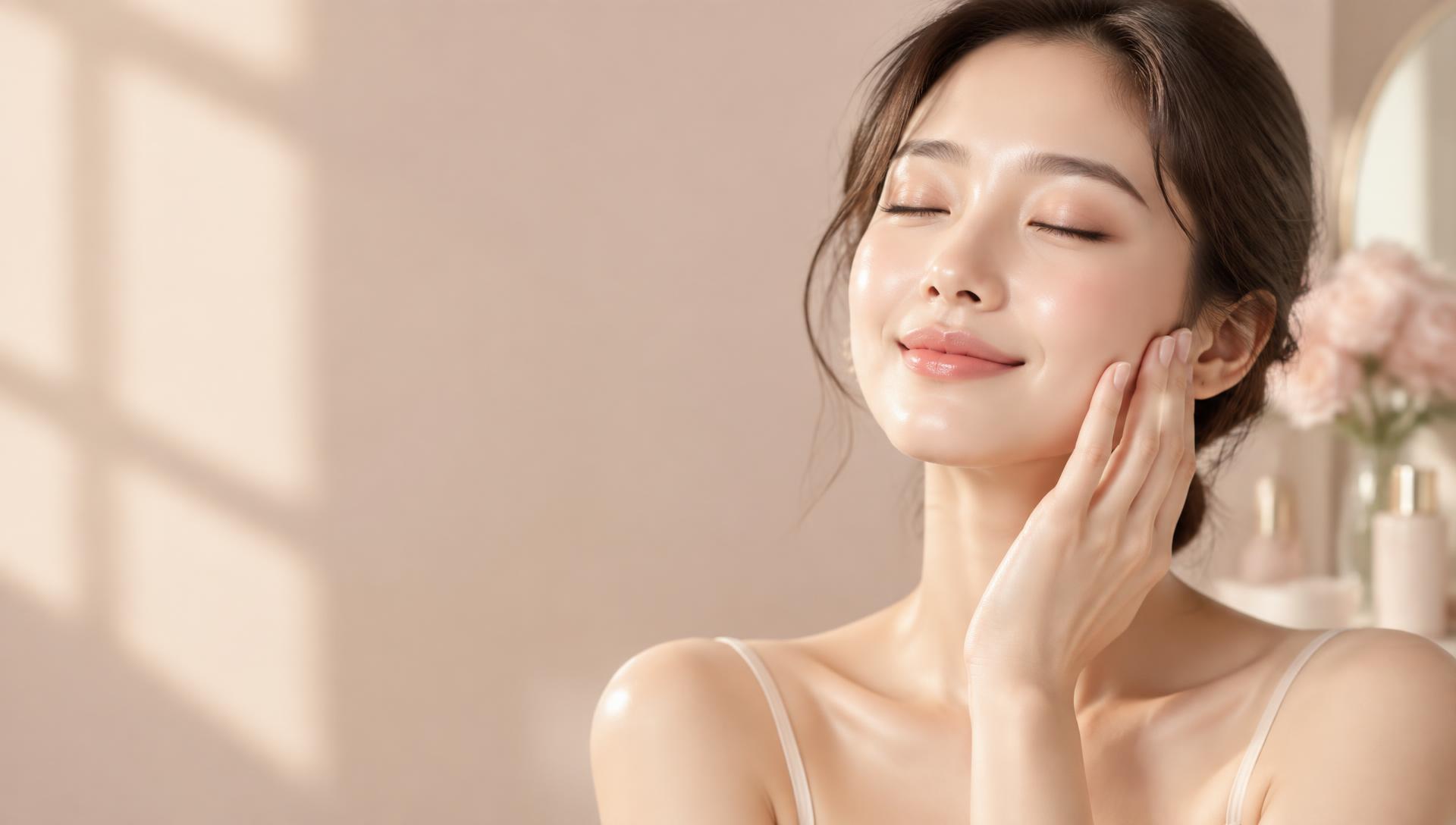 肌膚透亮的女士輕撫臉頰